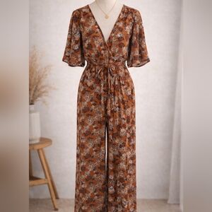 Band of Gypsies Rust Floral Boho Jumpsuit Tie Waist Wide Leg